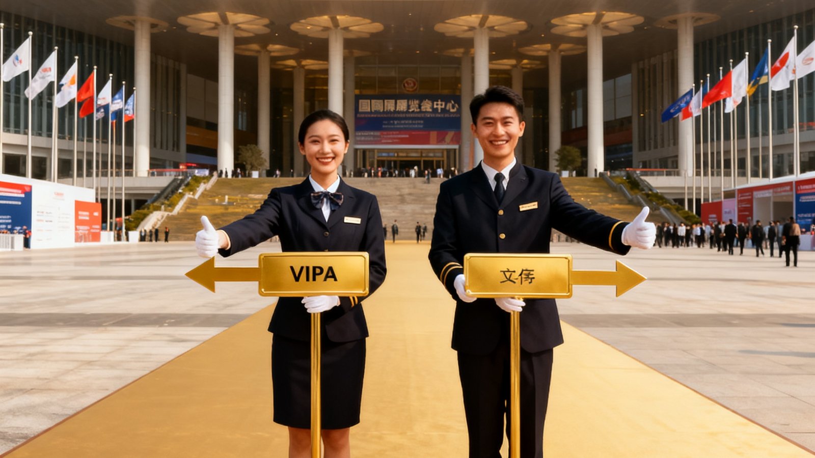 美狮贵宾会专业礼宾团队身着统一深色制服，在国际博览中心正门迎接VIP嘉宾，两位礼宾专员手持金色指引牌面带微笑，背景是宏伟的现代展馆建筑和飘扬的展会旗帜