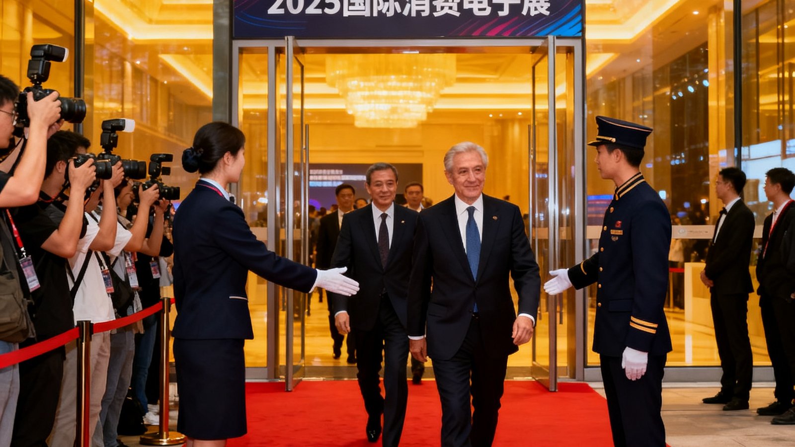 2025年国际消费电子展VIP接待现场，美狮贵宾会礼宾专员引导贵宾走过红毯进入展馆
