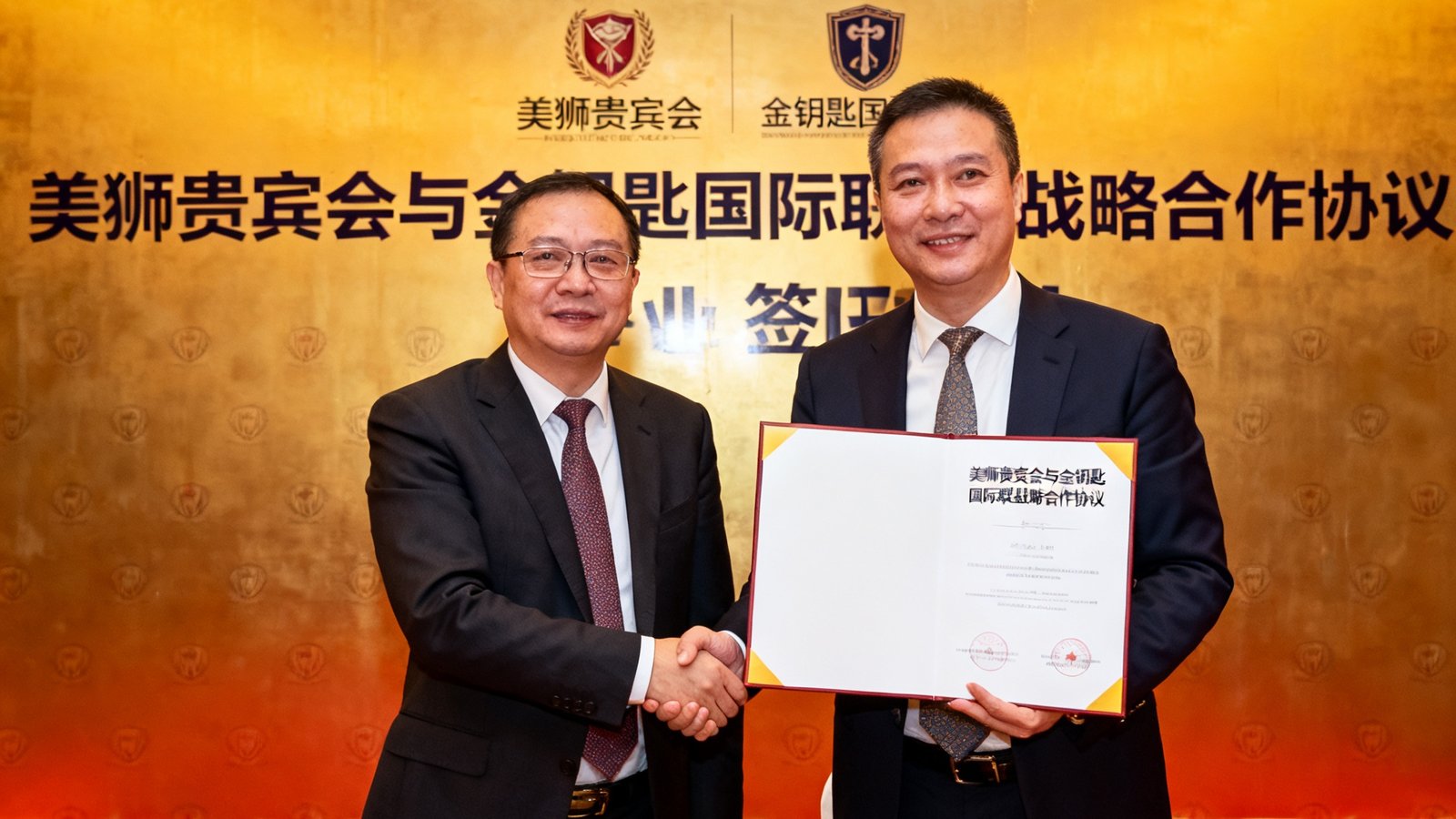 美狮贵宾会与金钥匙国际联盟战略合作签约仪式现场，双方代表握手并展示合作协议